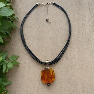 Silpada Amber Pendant Necklace on Black Multi-Strand Leather Cord N1285